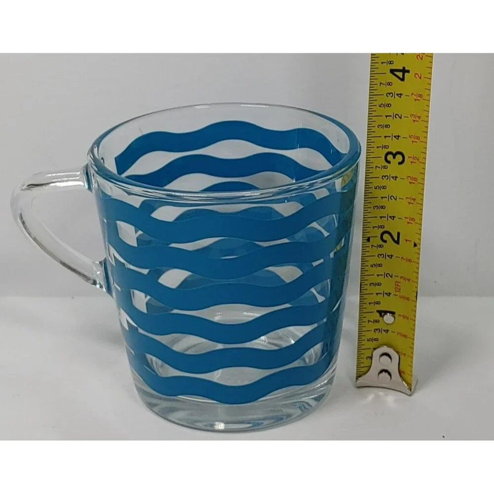 IKEA Satsning Glass Mugs/Cups Set- 6 Retired Blue Waves Stripes 3.5